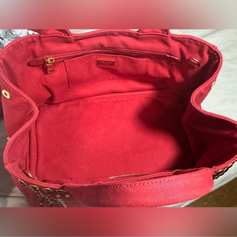100% Auth. Prada Canapa Red Studded Bijoux Bag - Picture 12 of 14